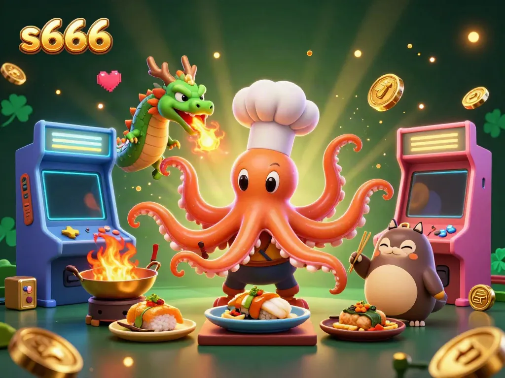 Engage with s666 gaming as octopus prepares golden dishes in a vibrant 3D casino scene.