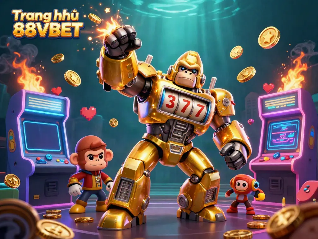 Experience the thrill of Trang chủ 88VBET with a dynamic 3D golden gorilla mech amidst vibrant casino elements.