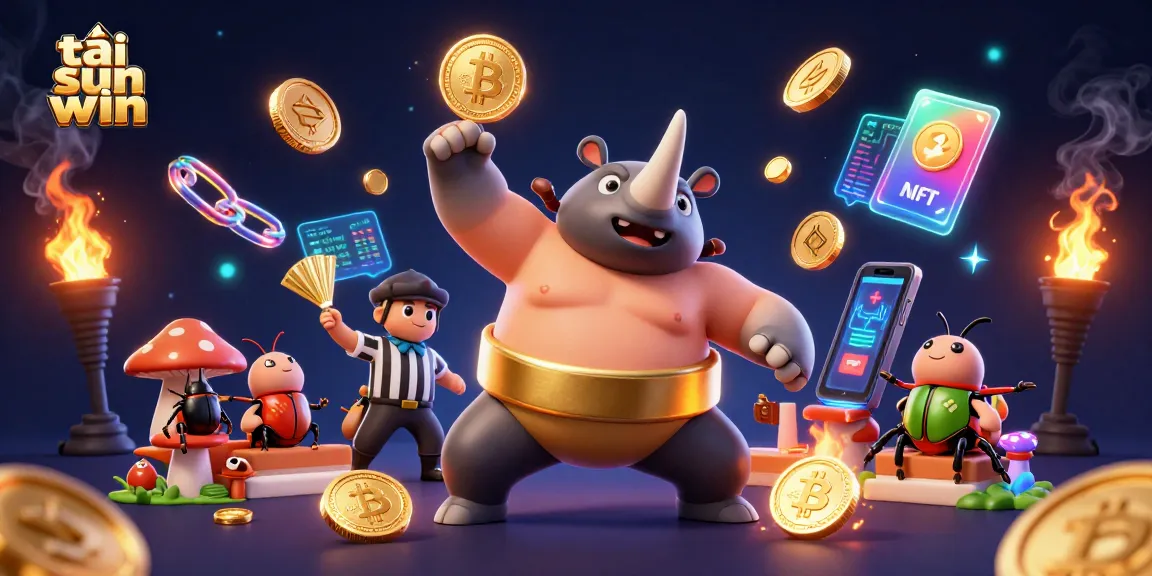 Exciting illustration of tải sun win featuring a beetle sumo champion surrounded by flying coins and crypto elements.