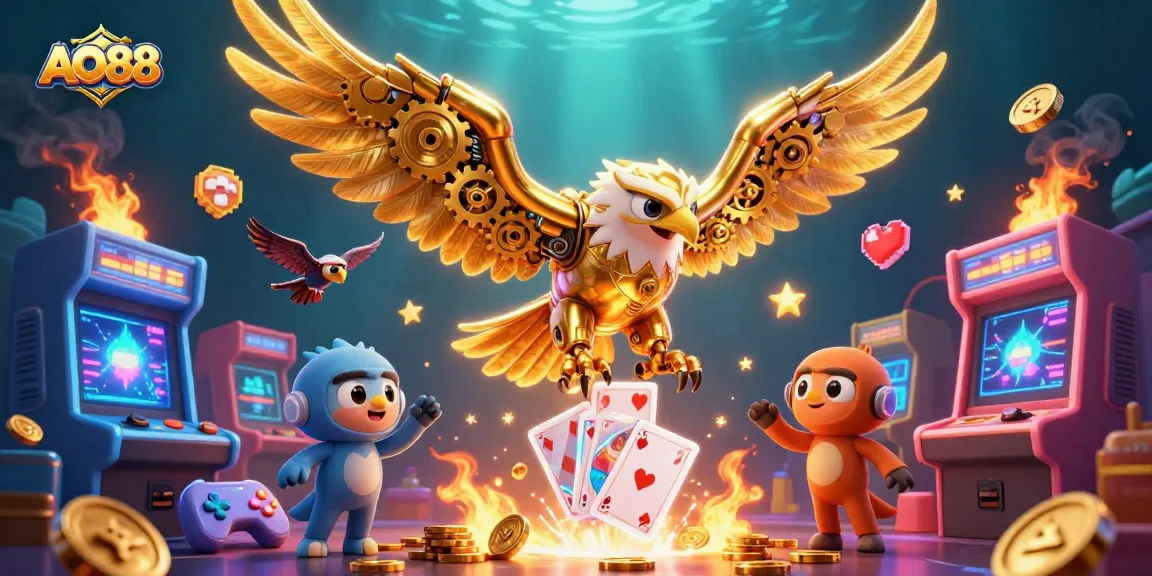 Engage with the thrilling gaming experience at AO88 featuring a diving golden eagle amid holographic cards.