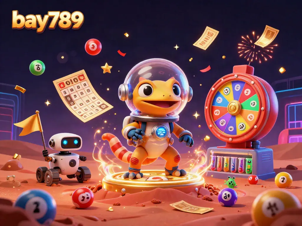 Experience the excitement of bay789 with a Martian gecko uncovering a golden casino in a vibrant scene.