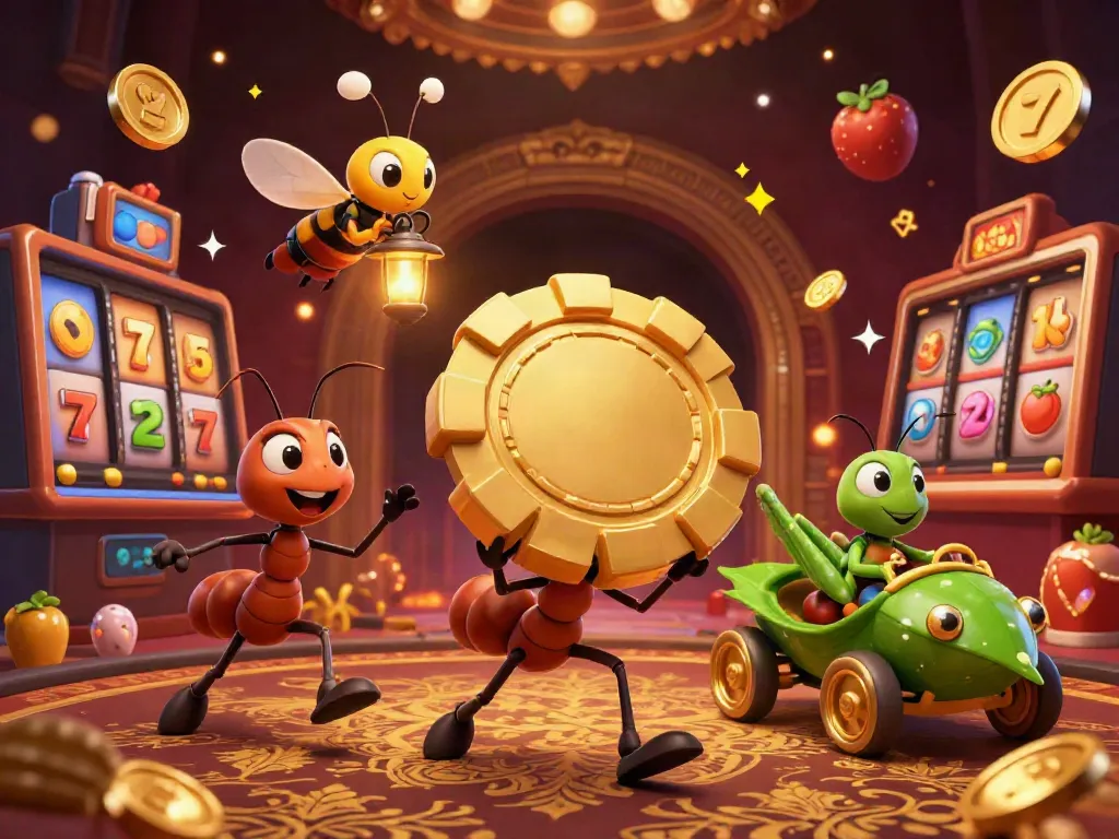 Nohuno ants heist scene with golden poker chip and casino elements dynamically around