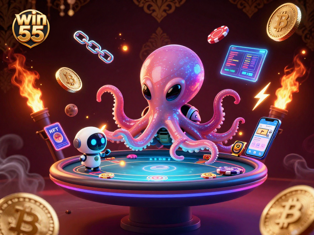 Engage with win 55 in a 3D casino scene featuring an alien octopus at a poker table.
