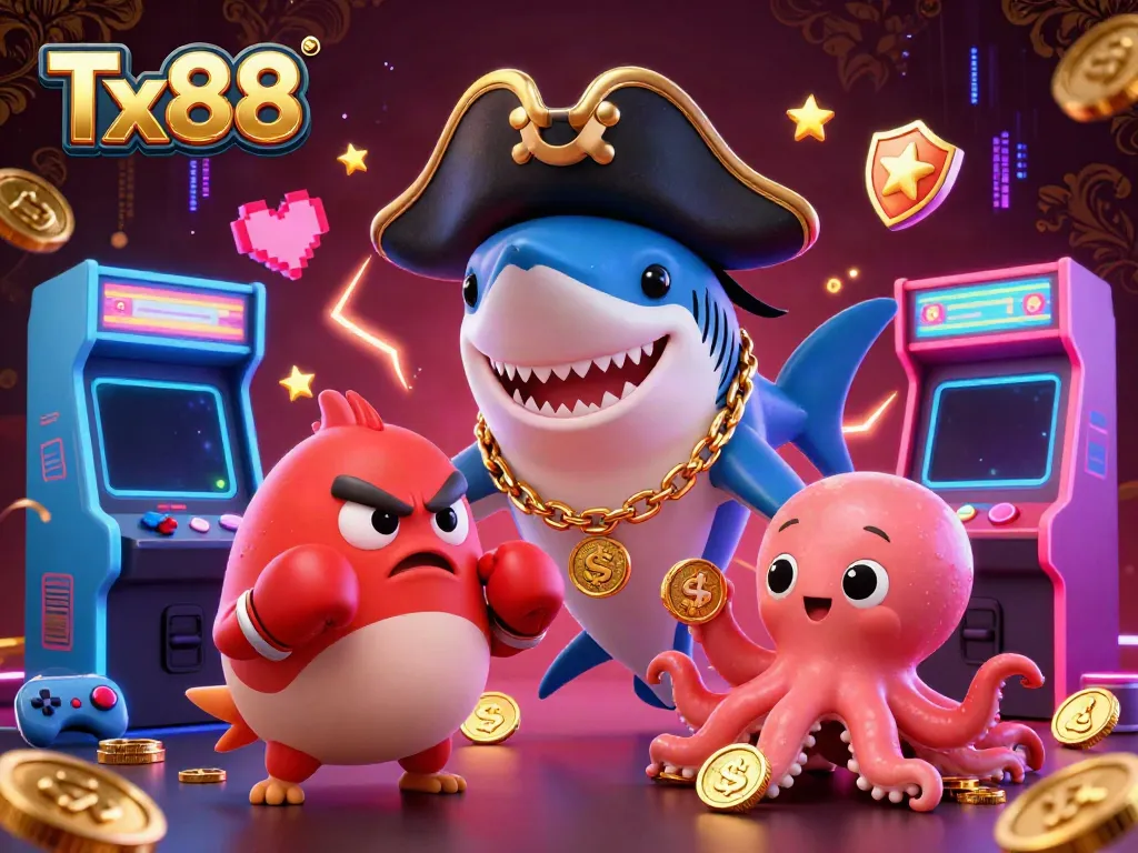 Engage in thrilling adventures at Tx88 with a playful pirate shark, pufferfish, and octopus in a dynamic casino scene.