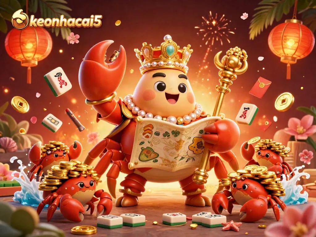 Experience thrilling bets with keonhacai5, showcasing a golden crab emperor in a vibrant casino scene.