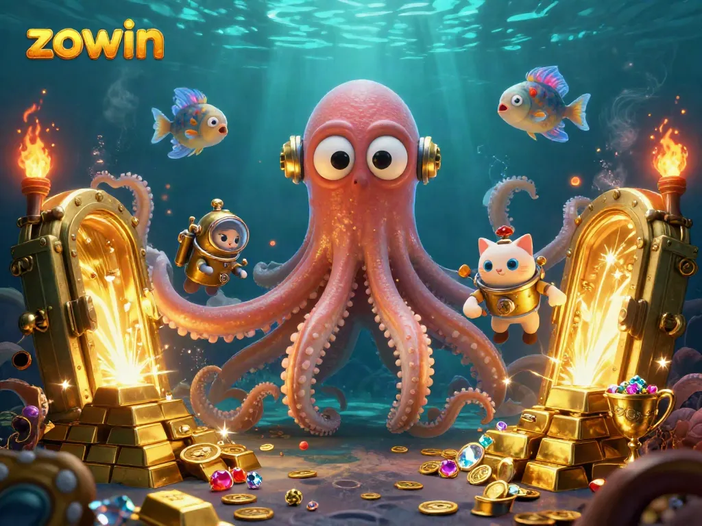 Zowin illuminates the underwater world, featuring a kraken and treasure elements for a vibrant casino experience.