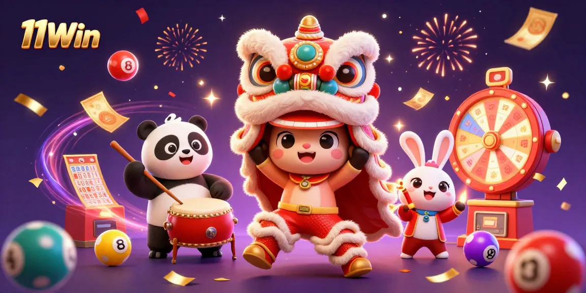 Experience vibrant action with 11Win’s dynamic casino characters in a colorful festival scene.