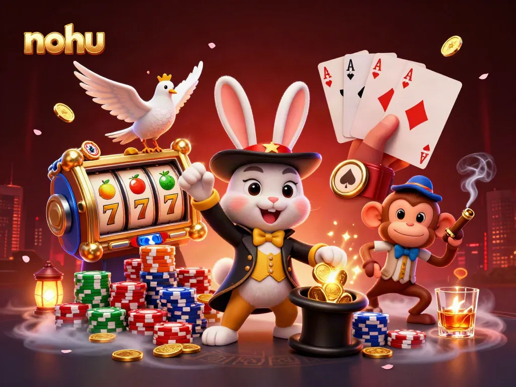 Experience the magic of nohu with a whimsical casino scene featuring animated characters and slot machines.