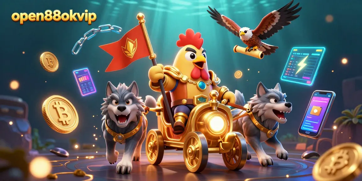 Engage with open88okvip through a vibrant 3D scene showcasing a rooster warlord and dynamic crypto elements.