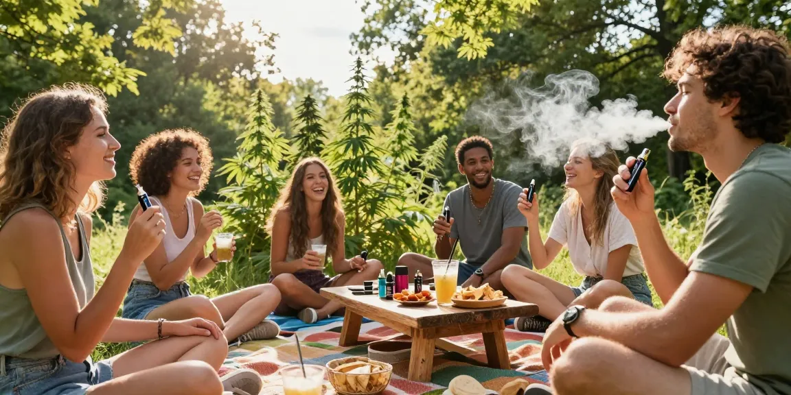 Strong THC vapes UK enjoyed outdoors in a social wellness gathering, featuring vape pens and natural elements.