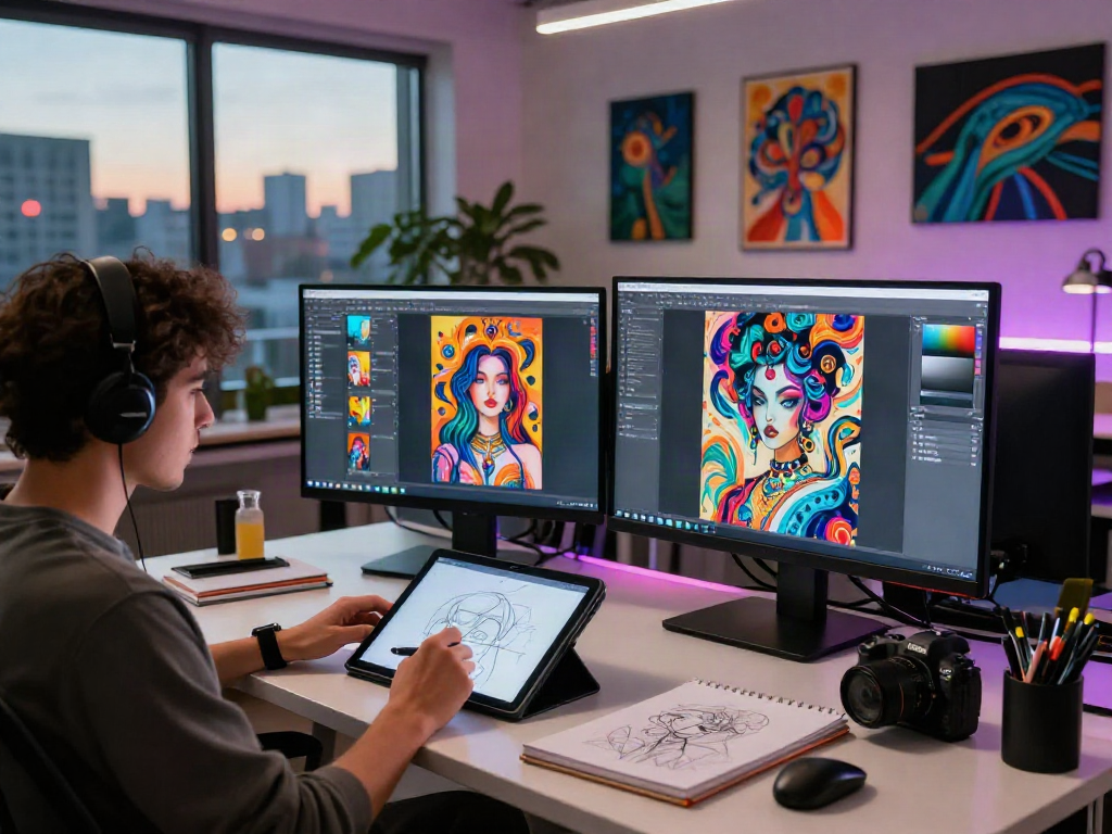 NSFW AI digital artist creating provocative artwork in a modern studio.