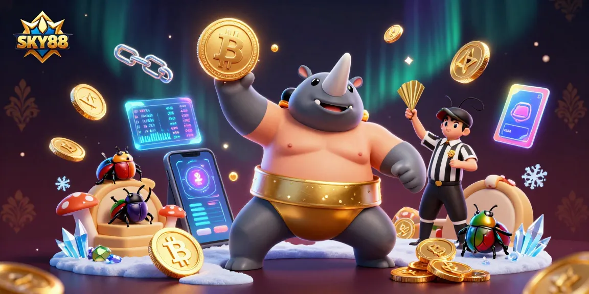 Engage in thrilling gameplay at SKY88 with a vibrant scene of a beetle champion amidst winning tokens.