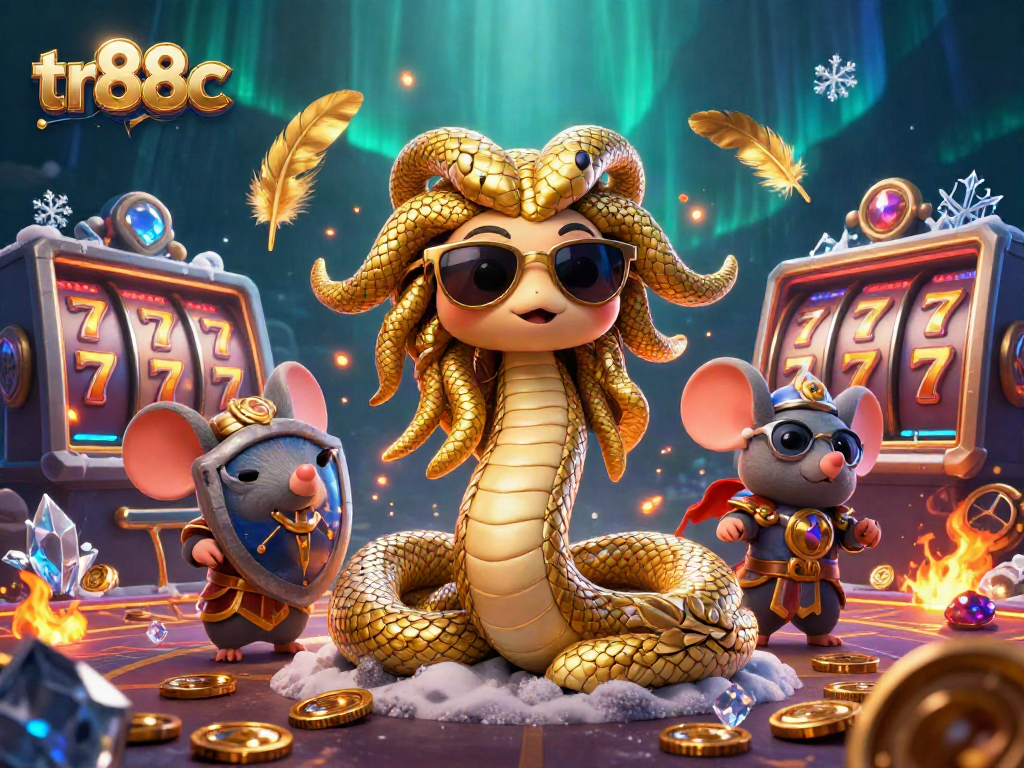 Join tr88c in an exciting scene featuring Medusa and a warrior mouse amidst a vibrant casino atmosphere.