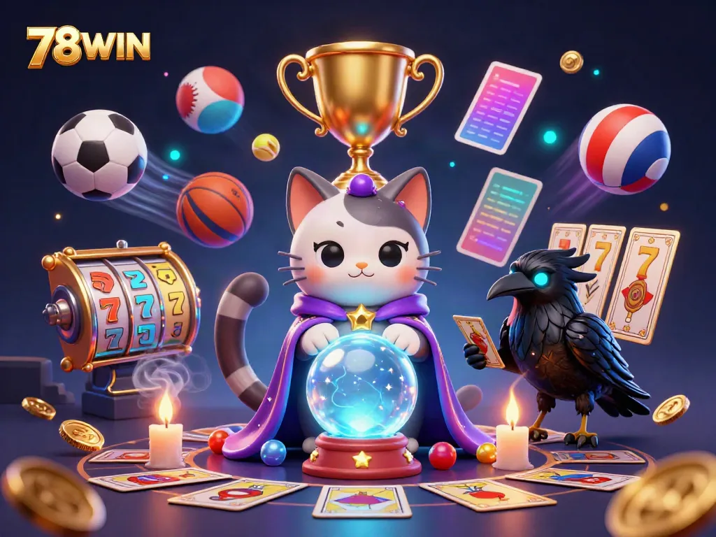 Engage with 78WIN's vibrant 3D casino scene featuring mystic characters and dynamic gambling elements.