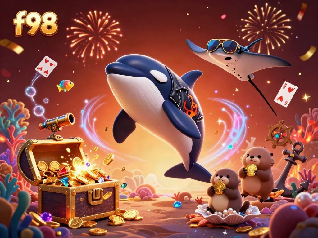 Engage with f98's exciting casino world through vibrant underwater characters celebrating with treasure.