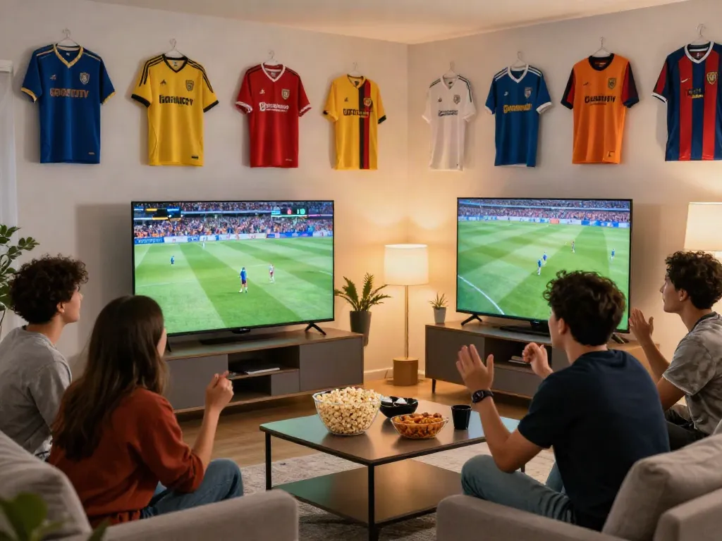 Friends watching football live on Gavangtv in a cozy setting