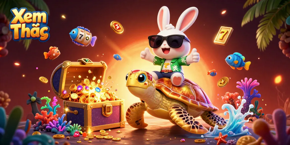 Xem Thêm and enjoy thrilling slot adventures with a lucky rabbit and a golden turtle in a vibrant underwater scene.