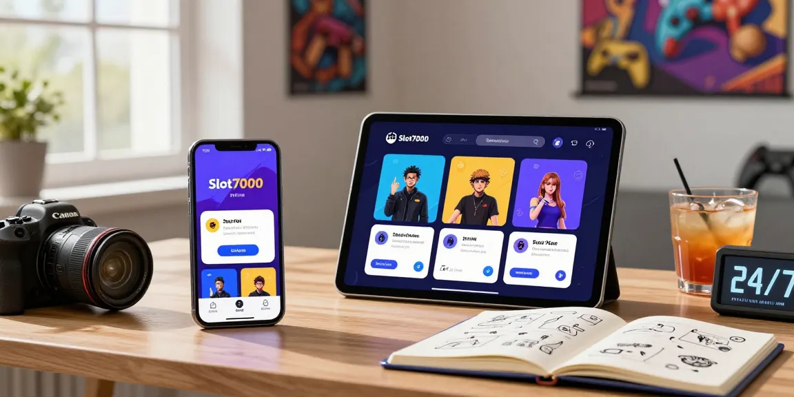 Experience seamless gaming access with Slot7000 app on smartphone and tablet in a vibrant workspace.
