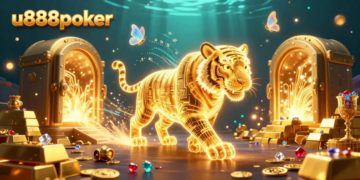 Engage with u888poker as the golden tiger prowls a vibrant casino landscape filled with treasure.