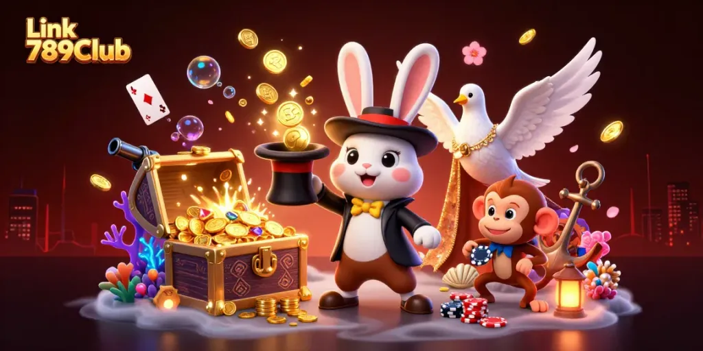 Experience fun with Link 789Club as a magician rabbit conjures coins while a dove surprises and a monkey steals poker chips.