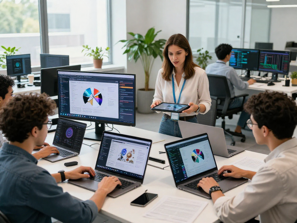 Innovative workspace displaying nsfw ai technology collaboration, featuring diverse team creating adult content moderation tools.