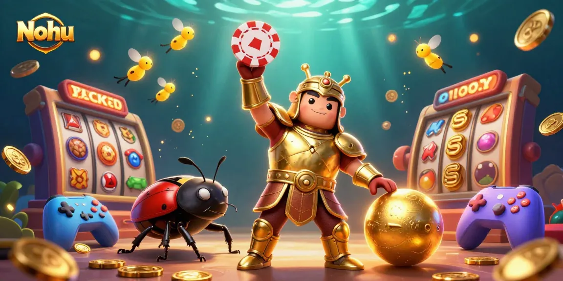 Nohu's thrilling slots adventure with vibrant gaming elements and a jackpot celebration