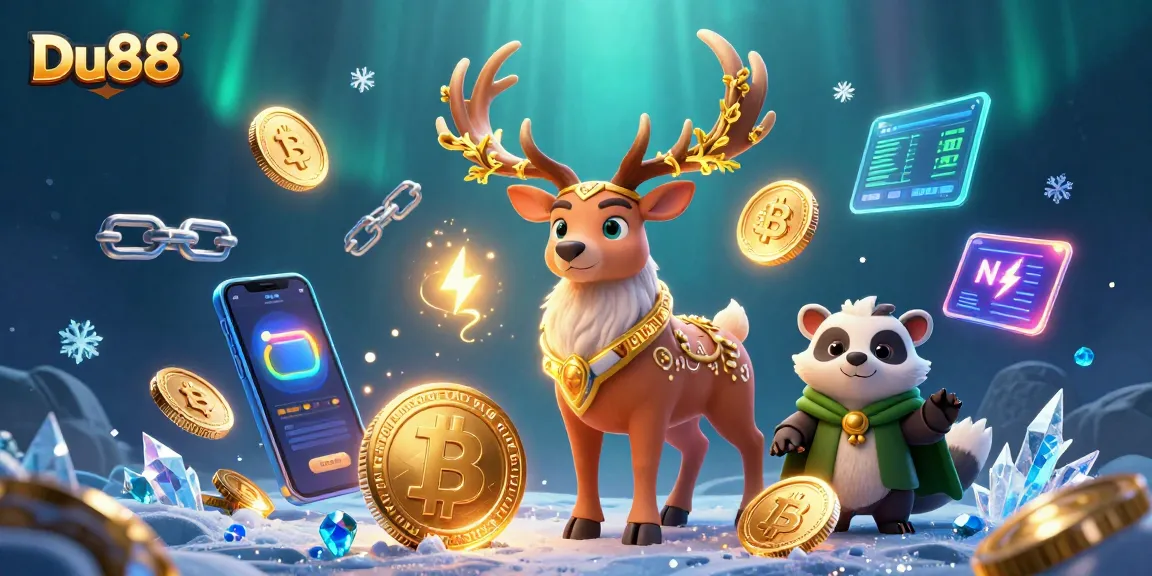 Play and win at Du88 with a vibrant 3D illustration showcasing gaming spirit lights and crypto elements.