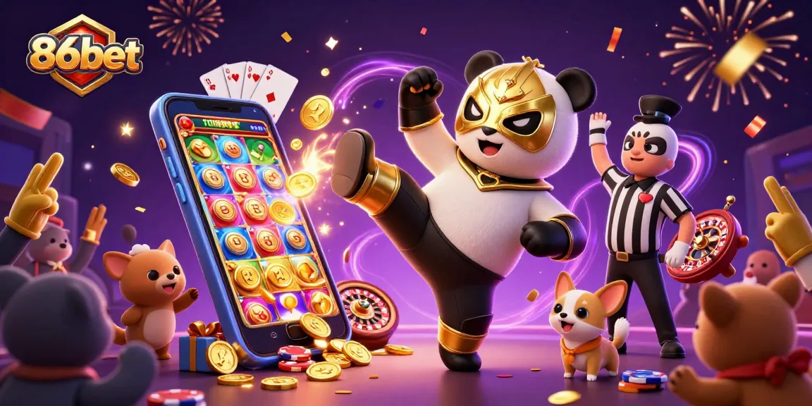 Experience the excitement of 86bet with vibrant slot games and energetic characters in this dynamic casino scene.