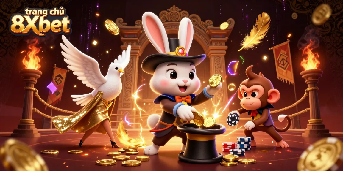 Experience the magic of gaming with trang chủ 8Xbet, featuring a playful magician and vibrant casino elements.