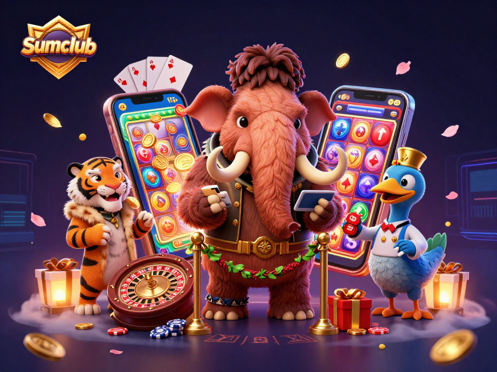Sumclub showcases a vibrant 3D scene with a casino bouncer, VIP tiger, and dodo doorman surrounded by dynamic gaming elements.