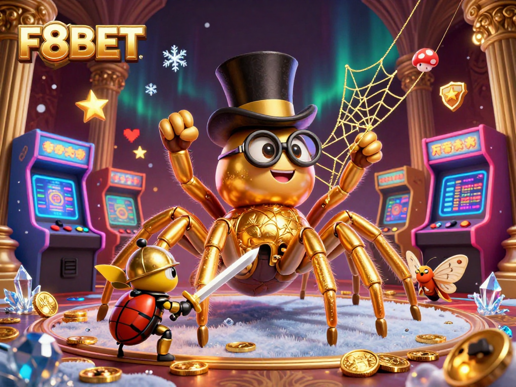 Experience thrilling gameplay at F8BET with a vibrant casino scene featuring a 3D golden tarantula, beetle knight, and dynamic gaming elements.