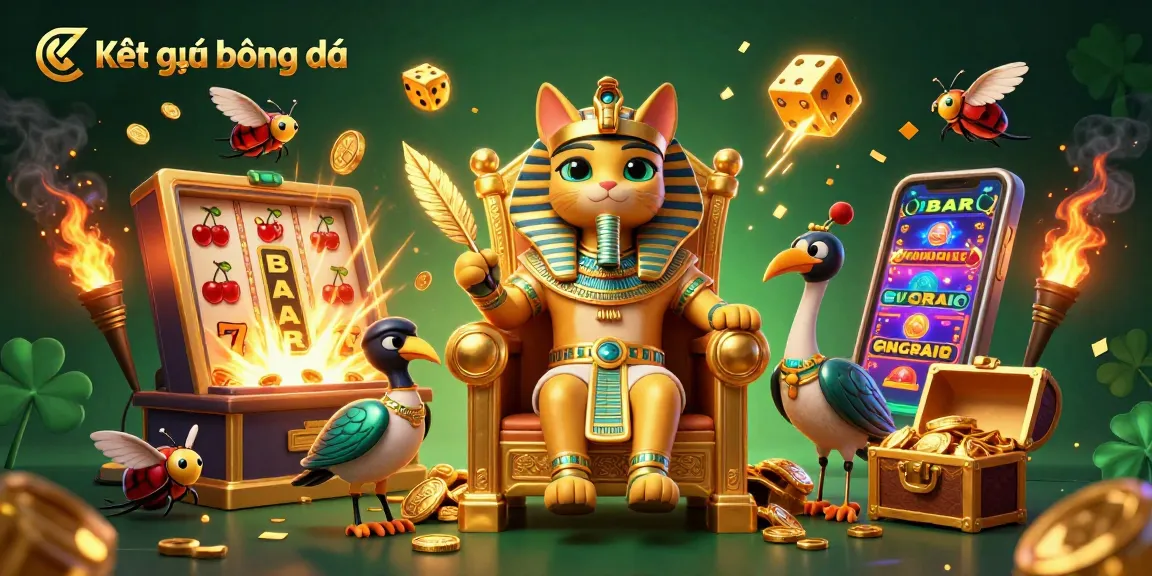 Kết quả bóng đá displayed amidst a vibrant casino scene featuring an Egyptian pharaoh cat and a jackpot explosion.