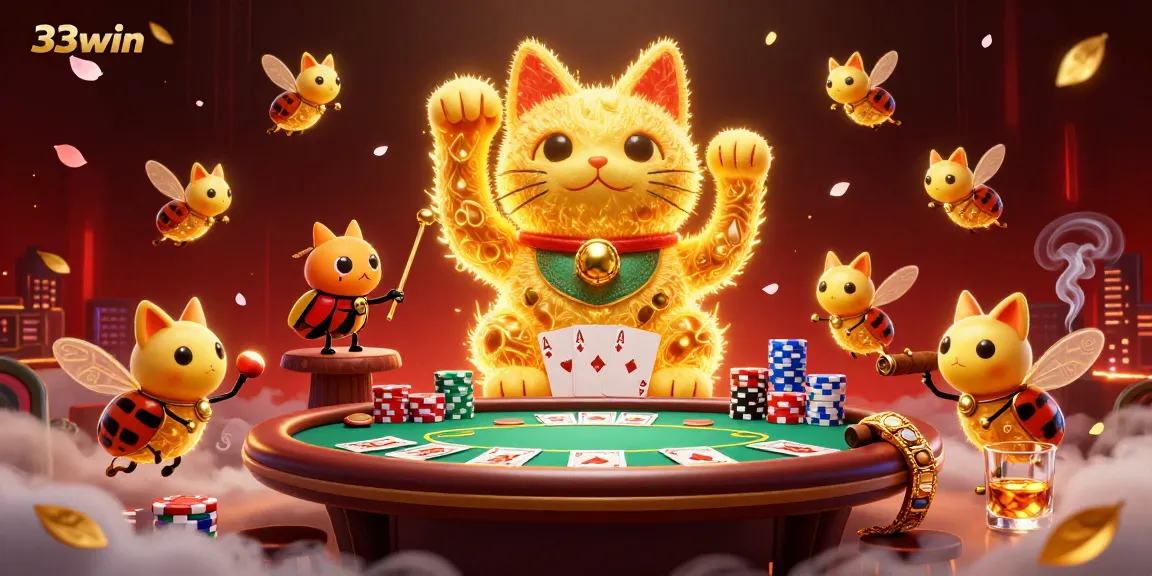 33win showcases vibrant golden fireflies as a lucky cat in a casino-themed illustration with poker elements.
