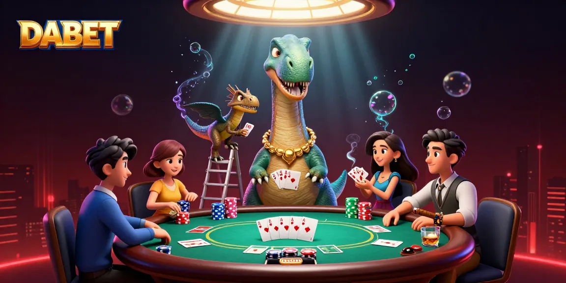 DABET offers an exciting casino experience with a brontosaurus and raptor dealing cards at a vibrant poker table.