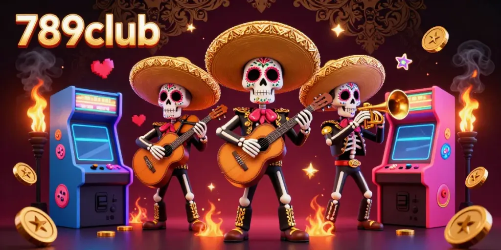 Engage with the dynamic spirit of 789club in a vibrant 3D mariachi scene filled with arcade games and casino elements.