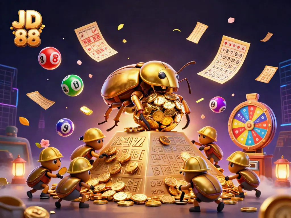 Experience gaming excitement at JD 88 with a vibrant scene of casino elements, golden coins, and energetic beetles.