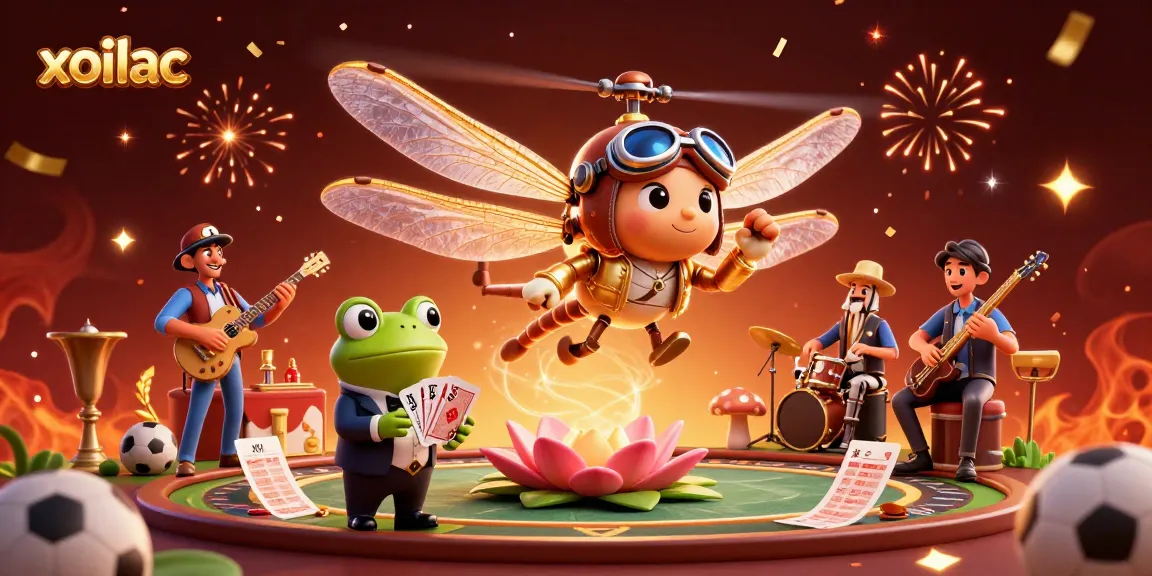 Experience the excitement of sports betting with xoilac, depicted through cartoon characters engaging in a vibrant casino scene.