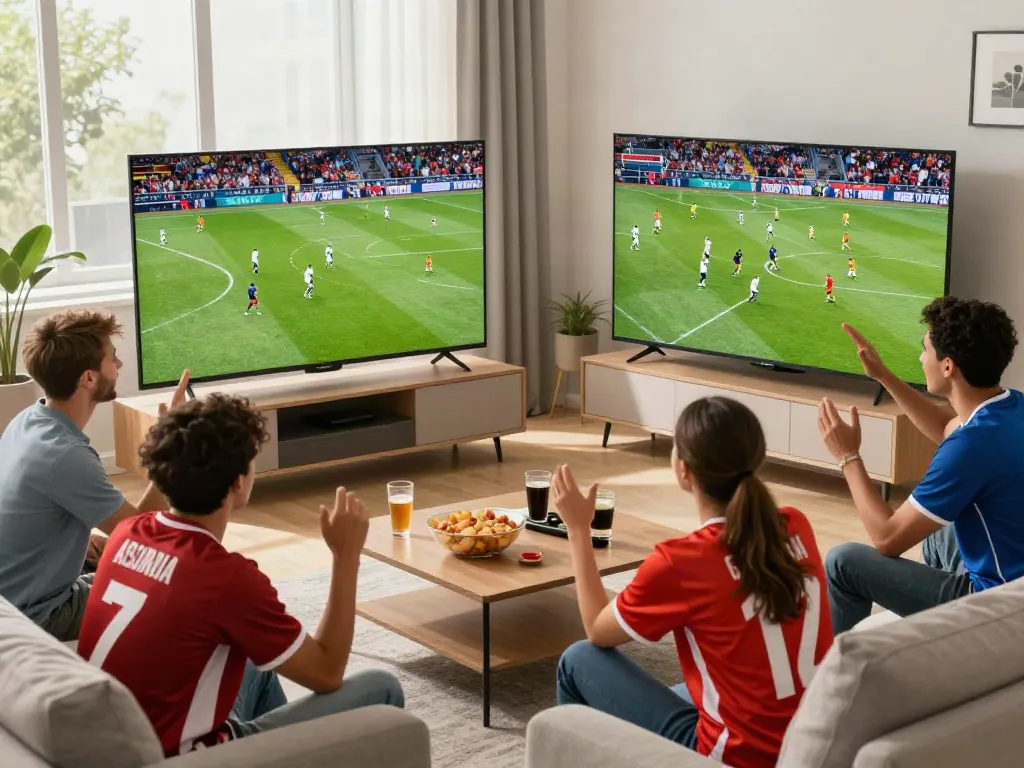 Friends enjoying a football match on Thapcamtv in a modern living room