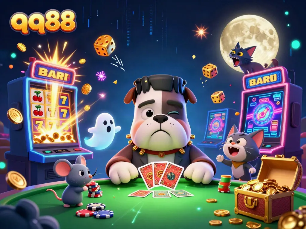Experience the excitement of qq88 with vibrant casino characters and slots in a lively scene.