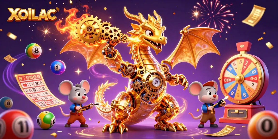 Participate in thrilling gambling experiences with XOILAC as golden gears, lottery balls, and vibrant celebrates animate the scene.