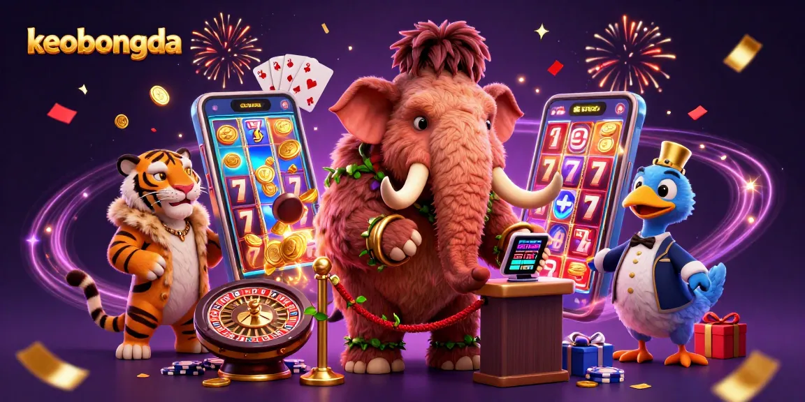 Experience keobongda's vibrant casino scene featuring a woolly mammoth and saber-tooth tiger amidst gambling elements.