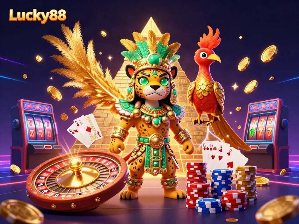 Experience the thrill of Lucky88 with vibrant casino games, winning coins, and dynamic characters.