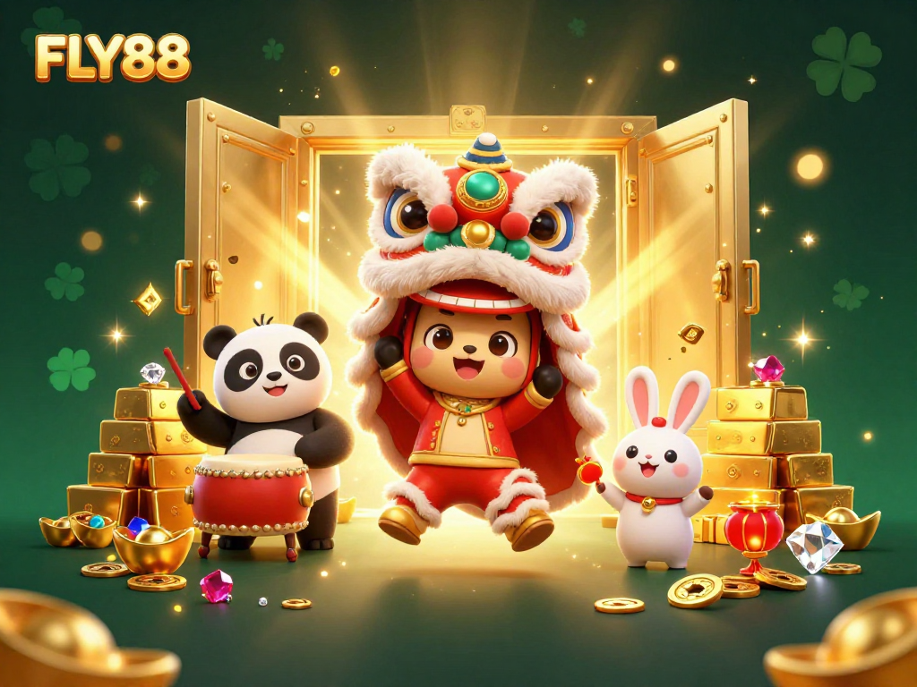 Join FLY88's thrilling festivities with vibrant lion dance, giant treasures, and sparkling gems.