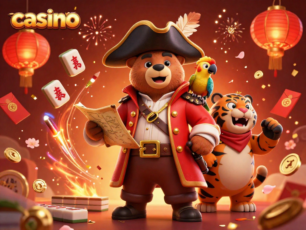 Engaging casino-themed illustration of a bear captain, tiger first mate, and gold feathered parrot amidst festive elements.