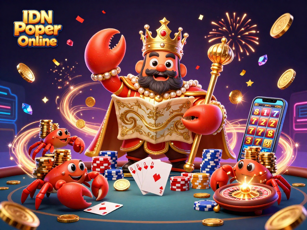 Engage in IDN Poker Online with a vibrant 3D scene featuring a golden crab emperor and poker elements.
