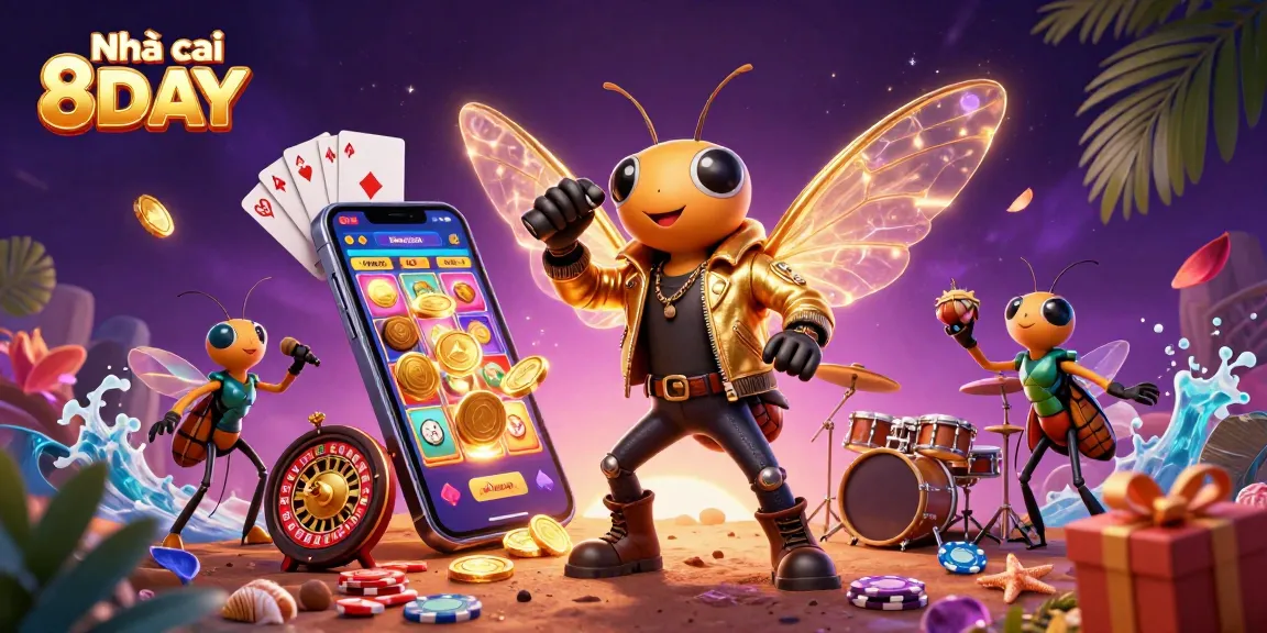 Engage in the thrilling experience at Nhà cái 8DAY, featuring dazzling slot game visuals and lively characters in a vibrant casino scene.