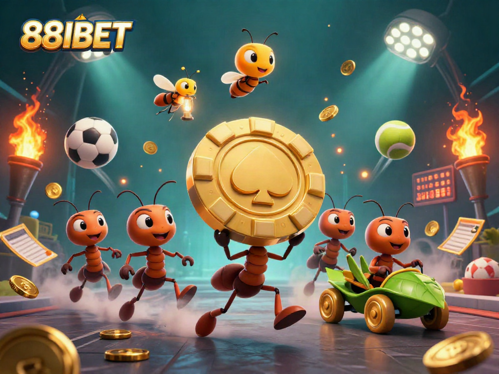 88IBET team of ants carrying a giant poker chip in a dynamic 3D illustration filled with sports elements.