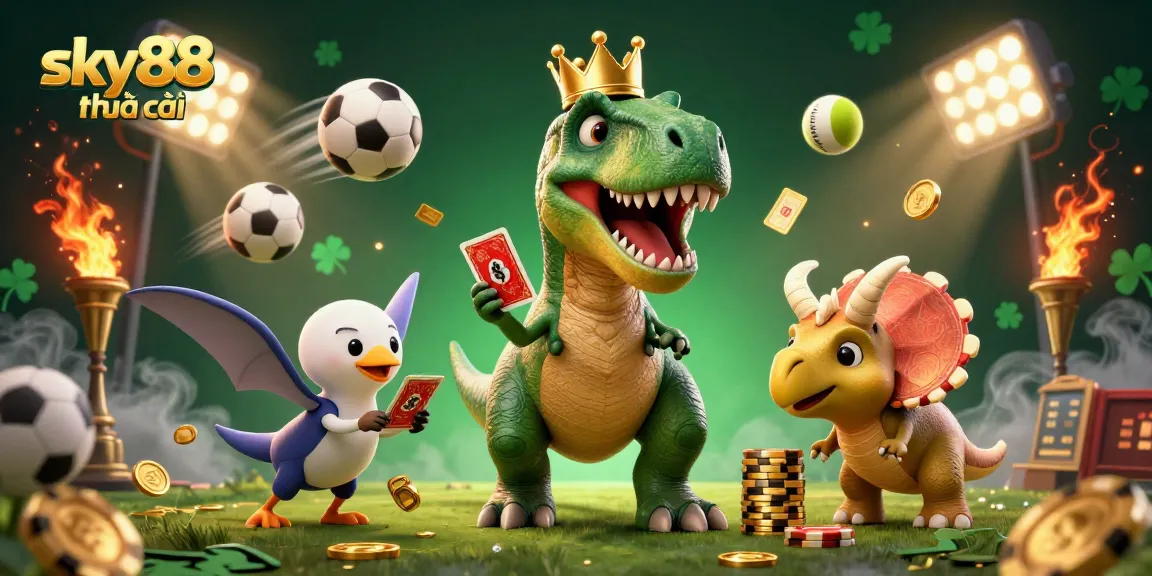 Engage with sky88 nhà cái's dynamic gaming scene featuring a playful T-Rex and friends.