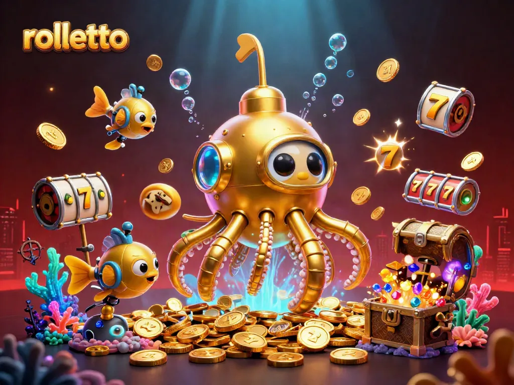 Spin and win at rolletto casino with a golden kraken submarine and vibrant slot elements.