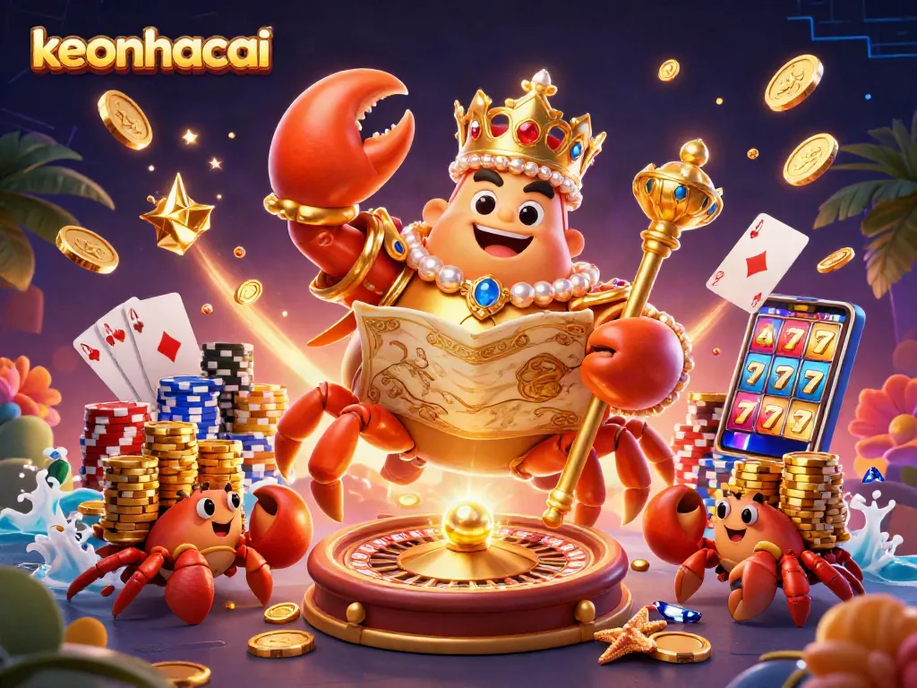 Engage with keonhacai for an exciting gambling experience showcasing a golden crab emperor amid festive casino elements.